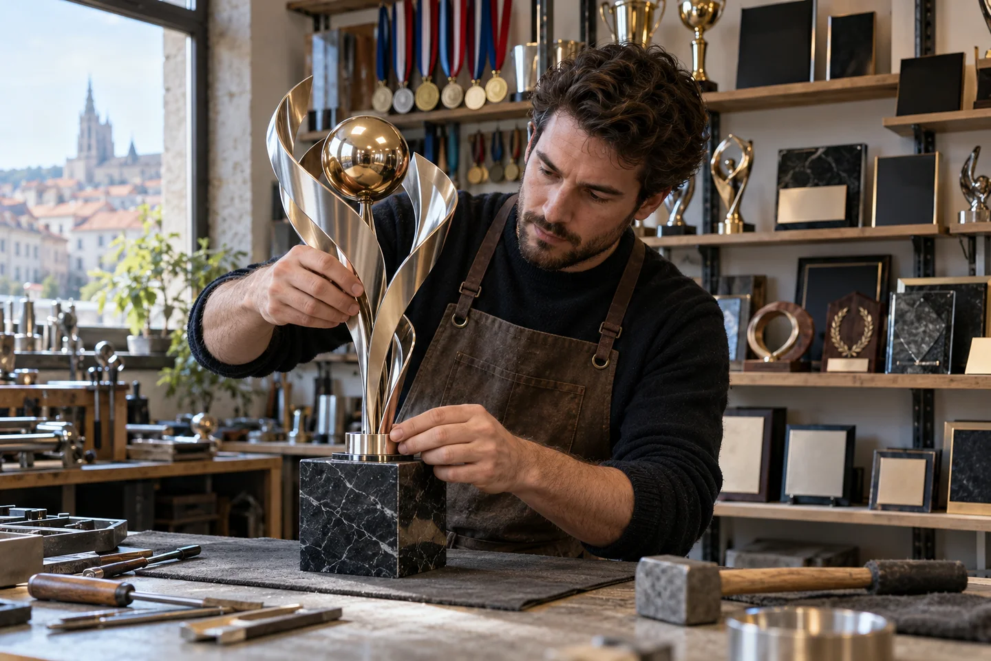 Montagem de um troféu numa oficina